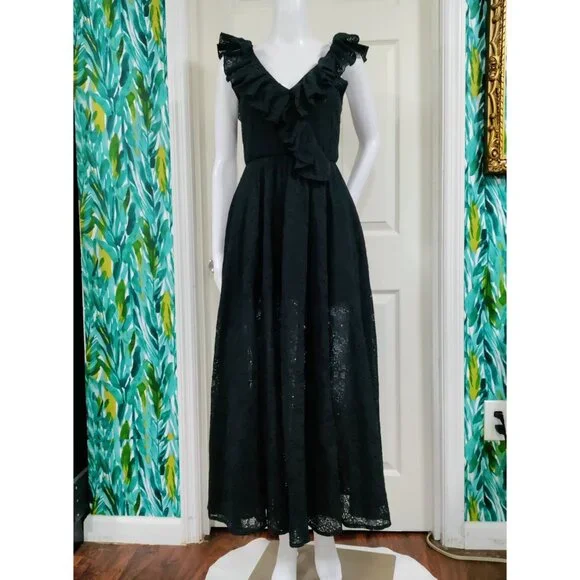 Pho Firenze M Black Lace Ruffle Maxi Dress With Open Back Embellished Straps - Picture 2 of 16